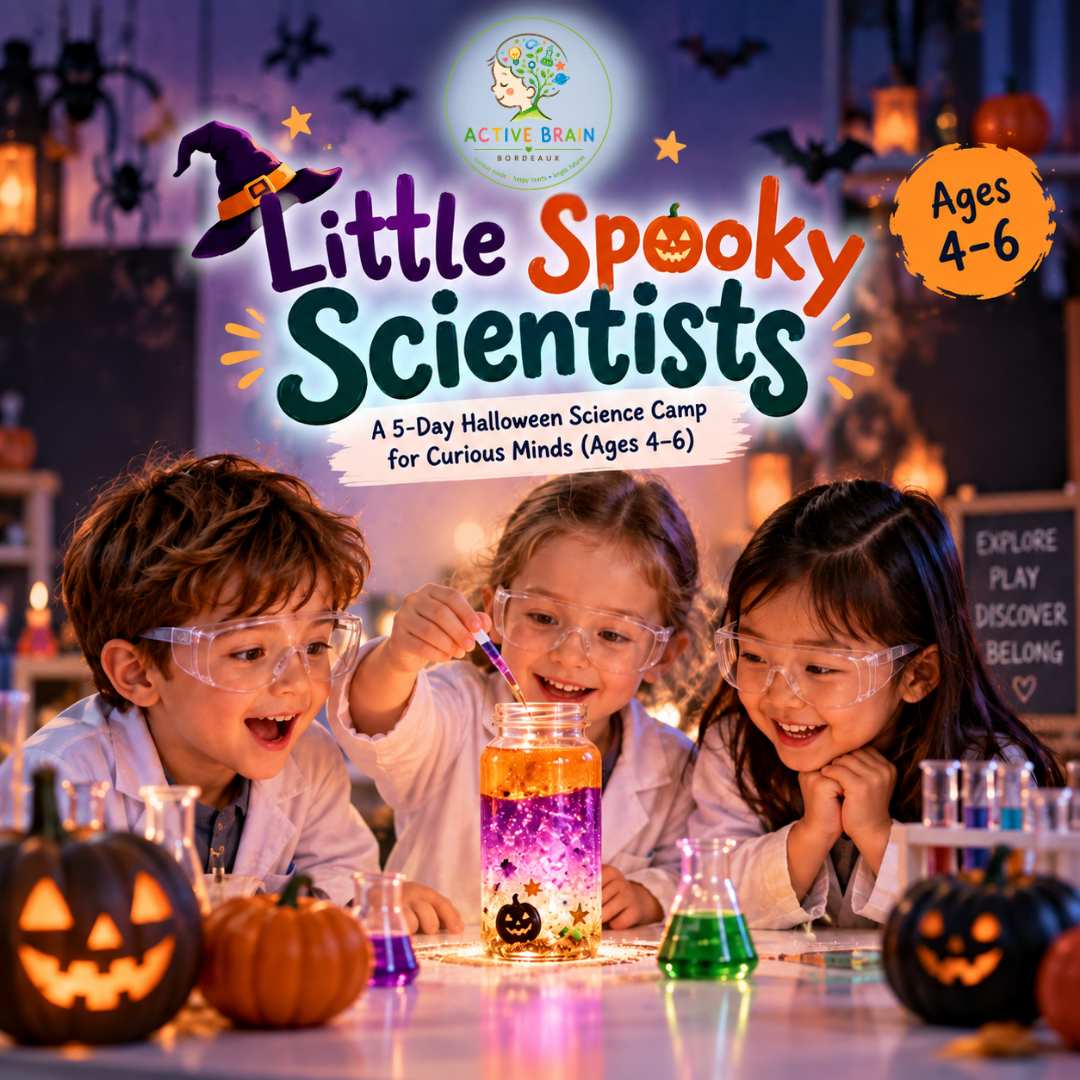 Little Spooky Scientists Halloween camp poster — young children discovering a colourful bubbling potion