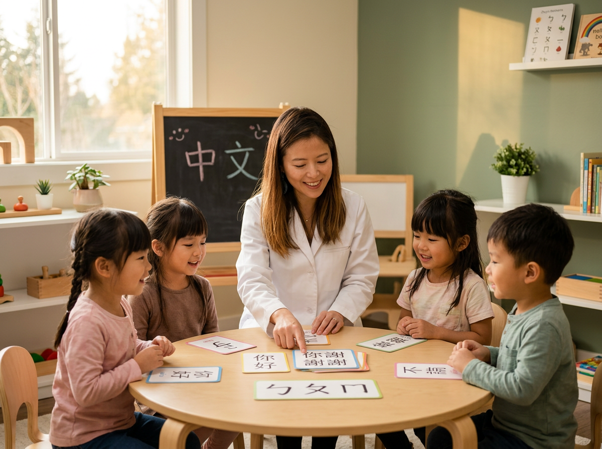 Sheavon teaching Mandarin to a small group of children
