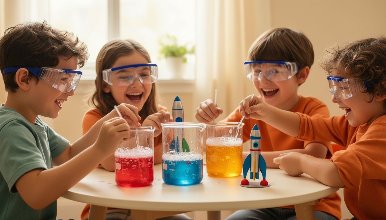 Children doing a hands-on science experiment at an Active Brain Bordeaux STEM workshop for kids